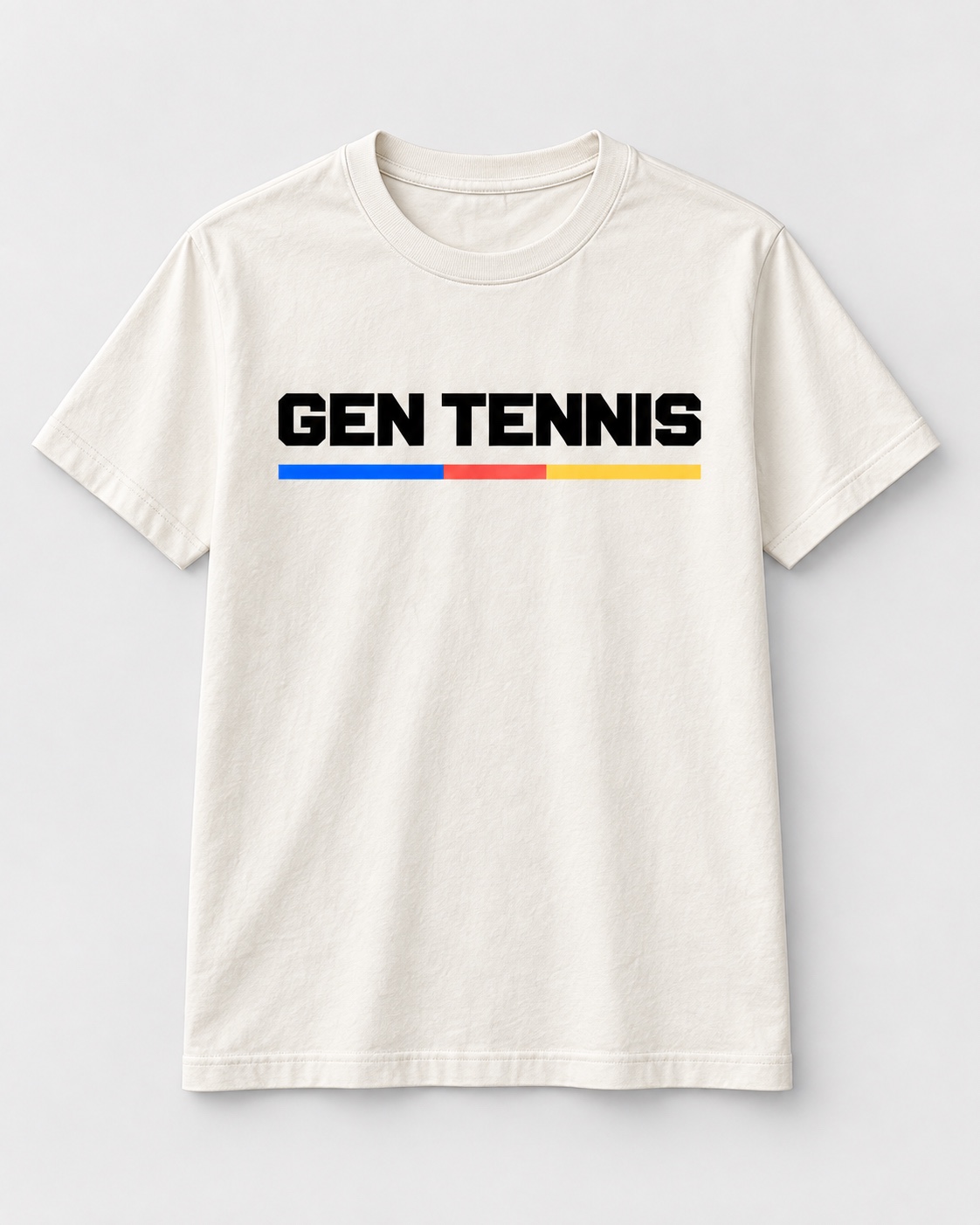Cream T-shirt concept with black GEN Tennis wordmark and three-color accent bar