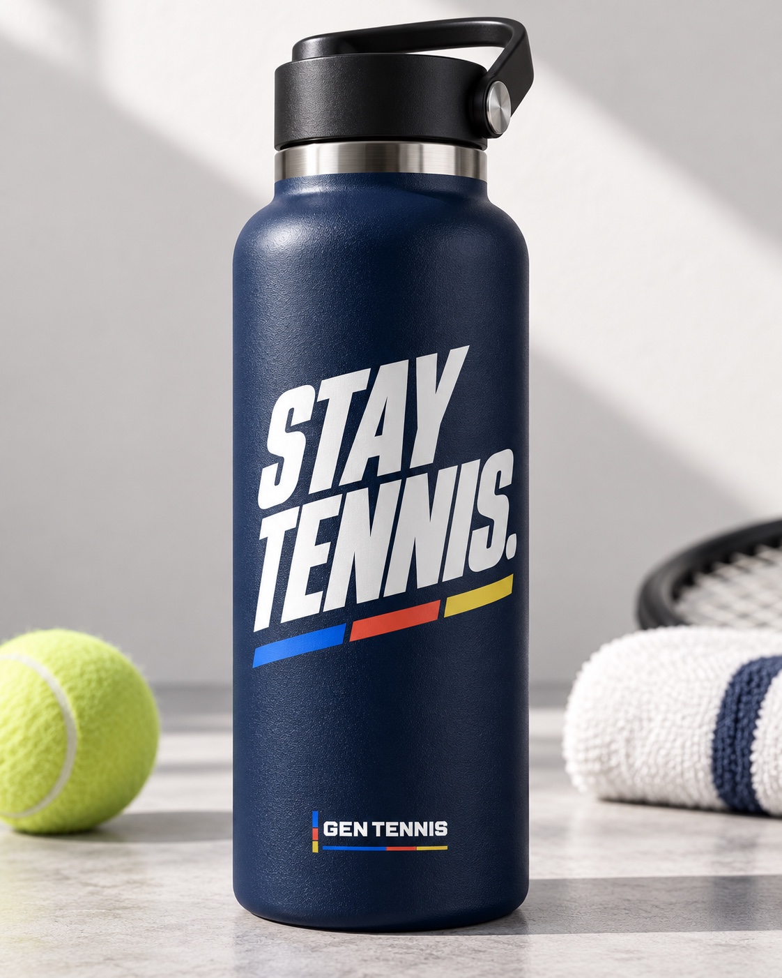Navy bottle concept with white Stay Tennis lettering and three-color bars