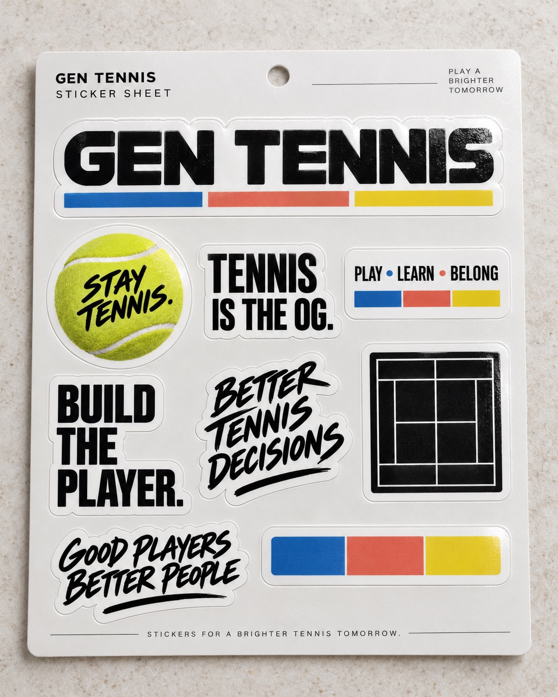 Sticker sheet concept with GEN Tennis, Stay Tennis, Tennis is the OG and tennis-themed graphics