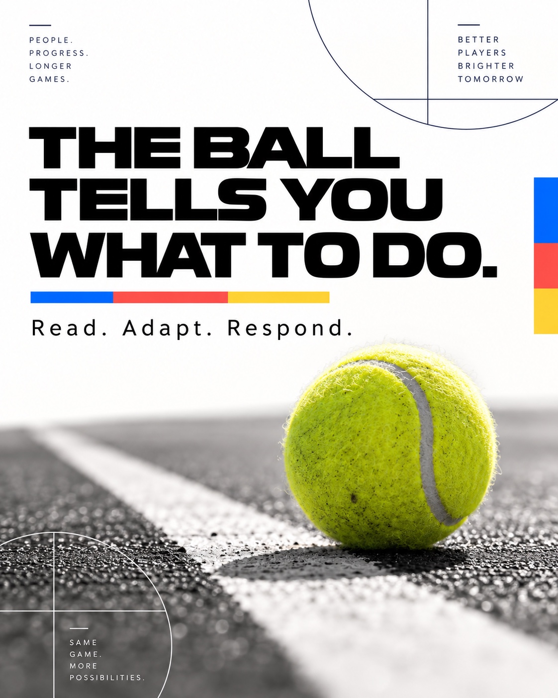 The ball tells you what to do. Read, adapt, respond. GEN Tennis artwork with a yellow tennis ball.